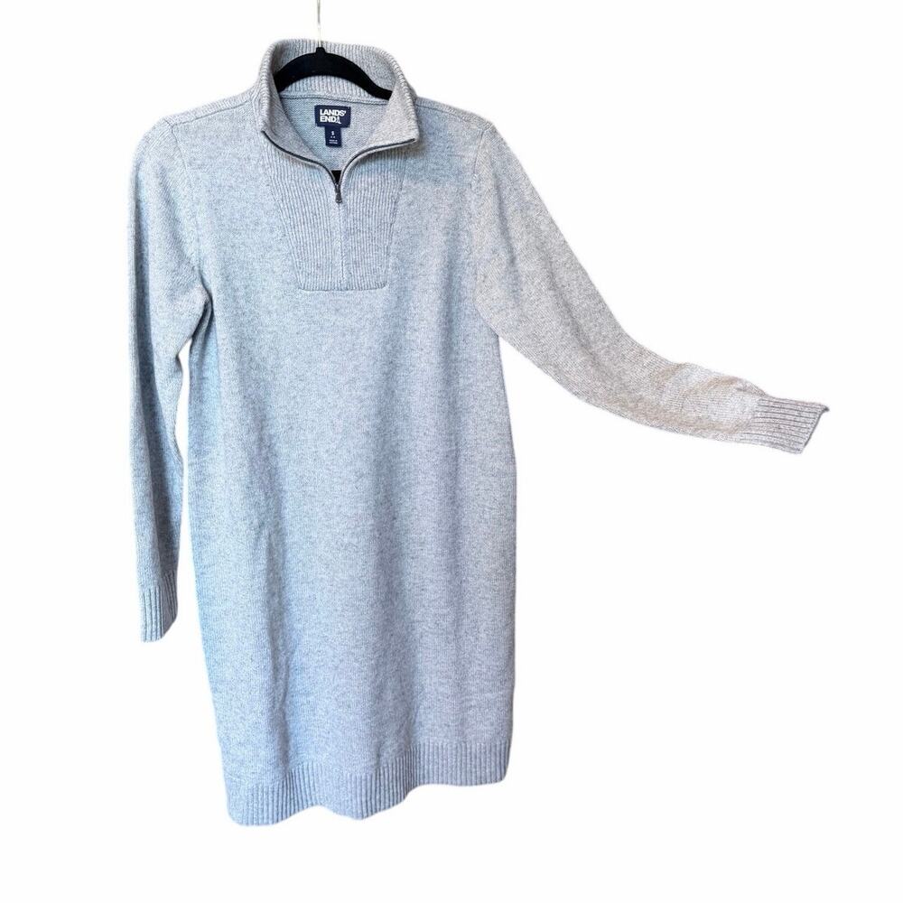 Lands end gray cotton blend knit sweater dress small zip neck cozy minimalist